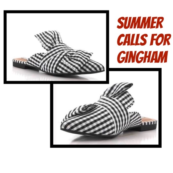 Shoes - Black & White Gingham Pointy Toe Flat Mules